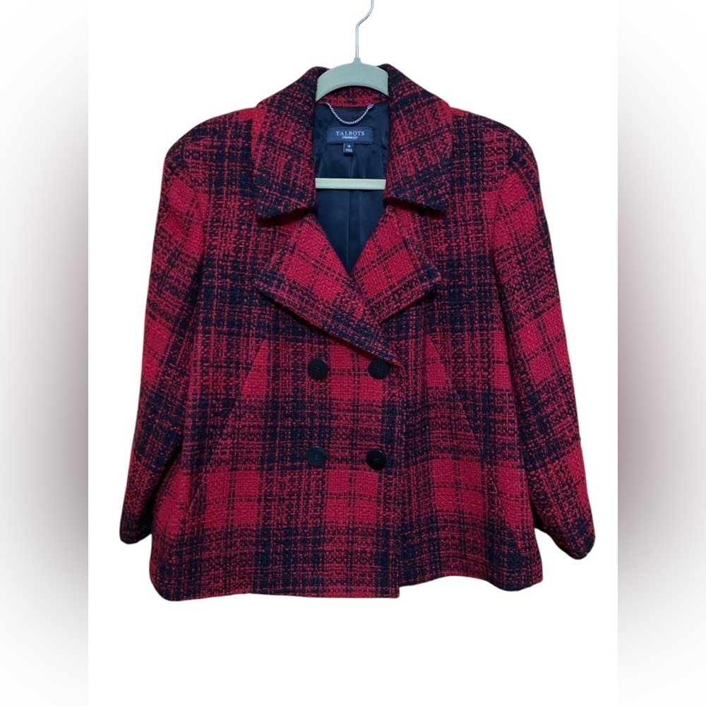 Talbots Red and Black Plaid Wool Suit Coat in Size 16. Fully Lined.